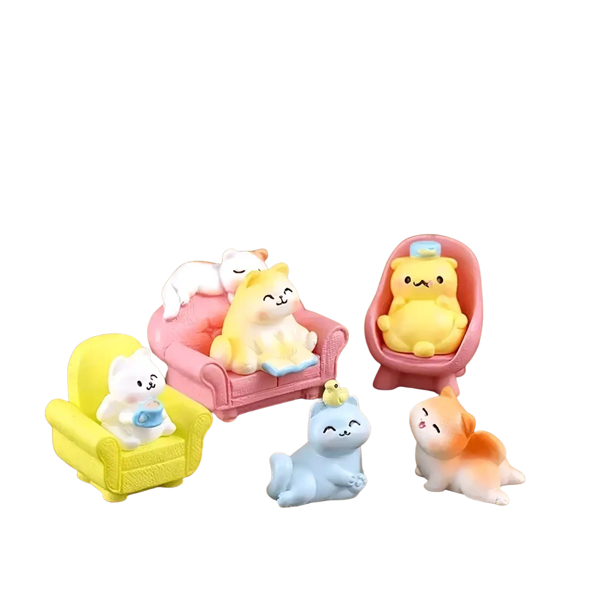 Cute pastel-colored resin cat figurines in cozy poses for miniature resin rabbit figurines fairy garden decor