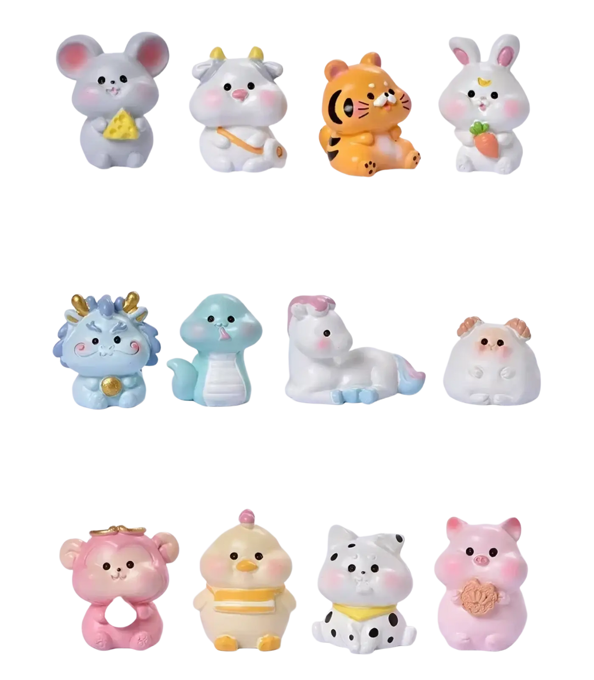 Miniature pastel-colored resin rabbit figurines including a mouse with cheese and an orange tiger for fairy garden decor