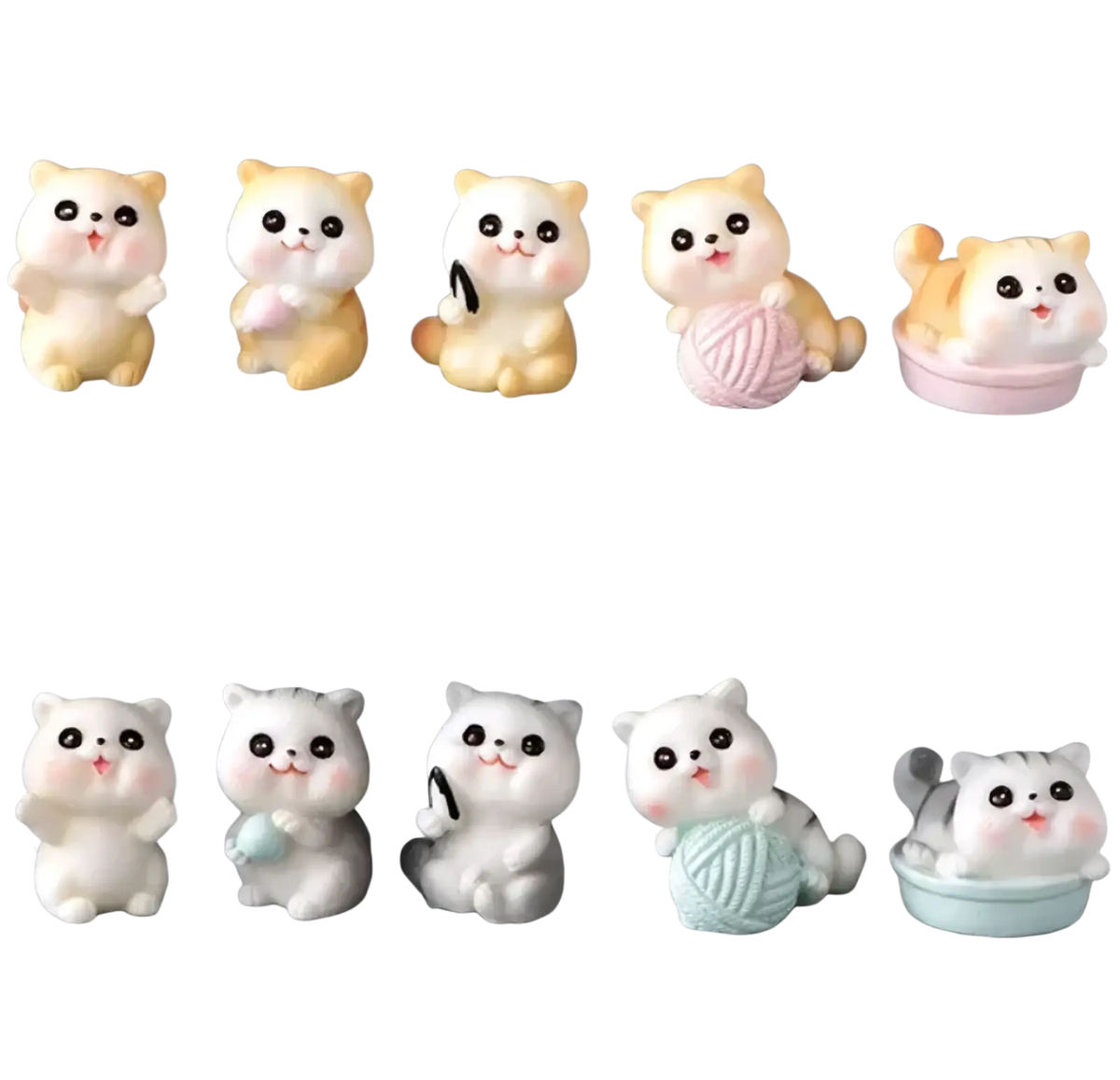 Cute pastel-colored miniature resin cat figurines in various poses for fairy garden decor and collectibles