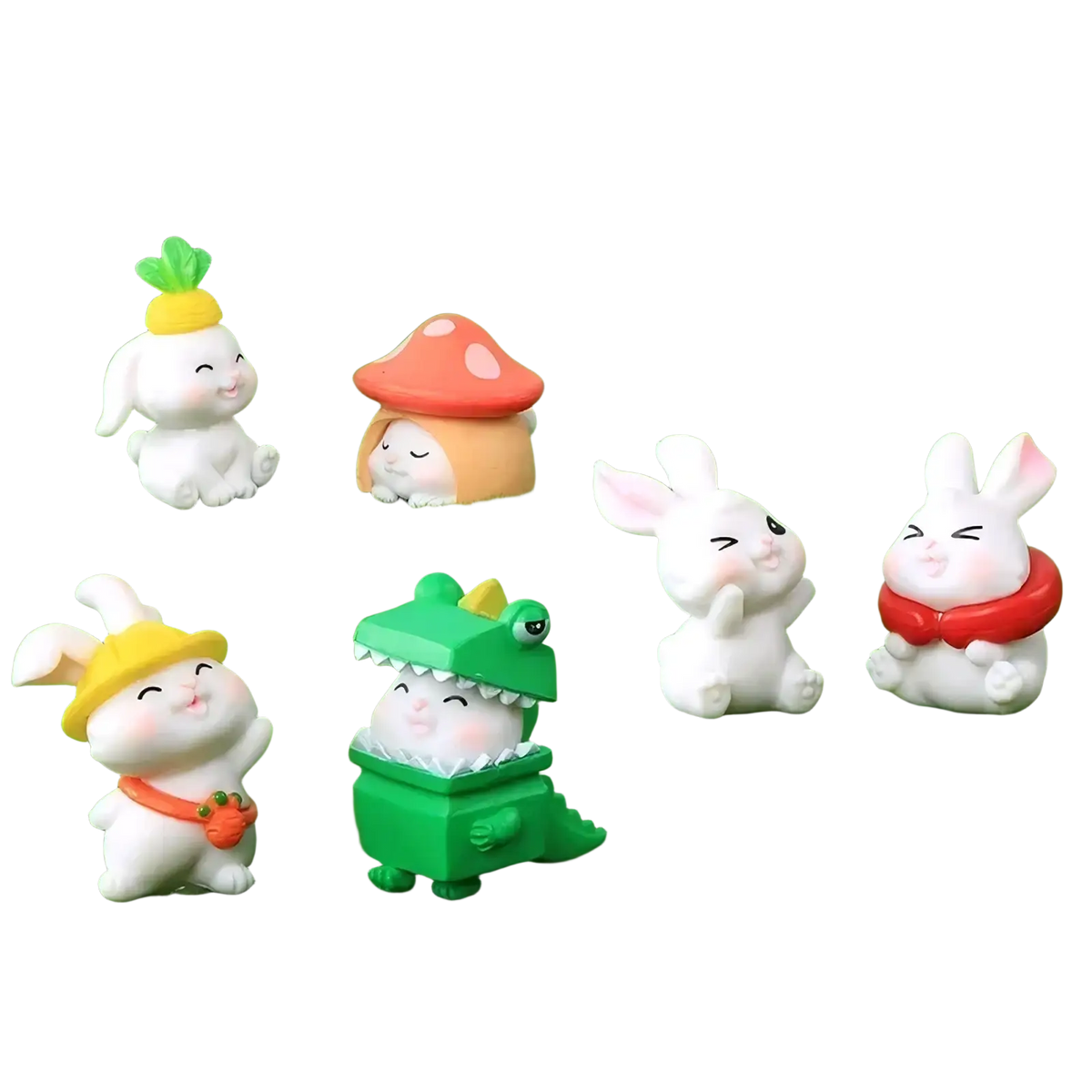 Miniature white resin rabbit figurines with colorful accessories and playful designs for fairy garden decor