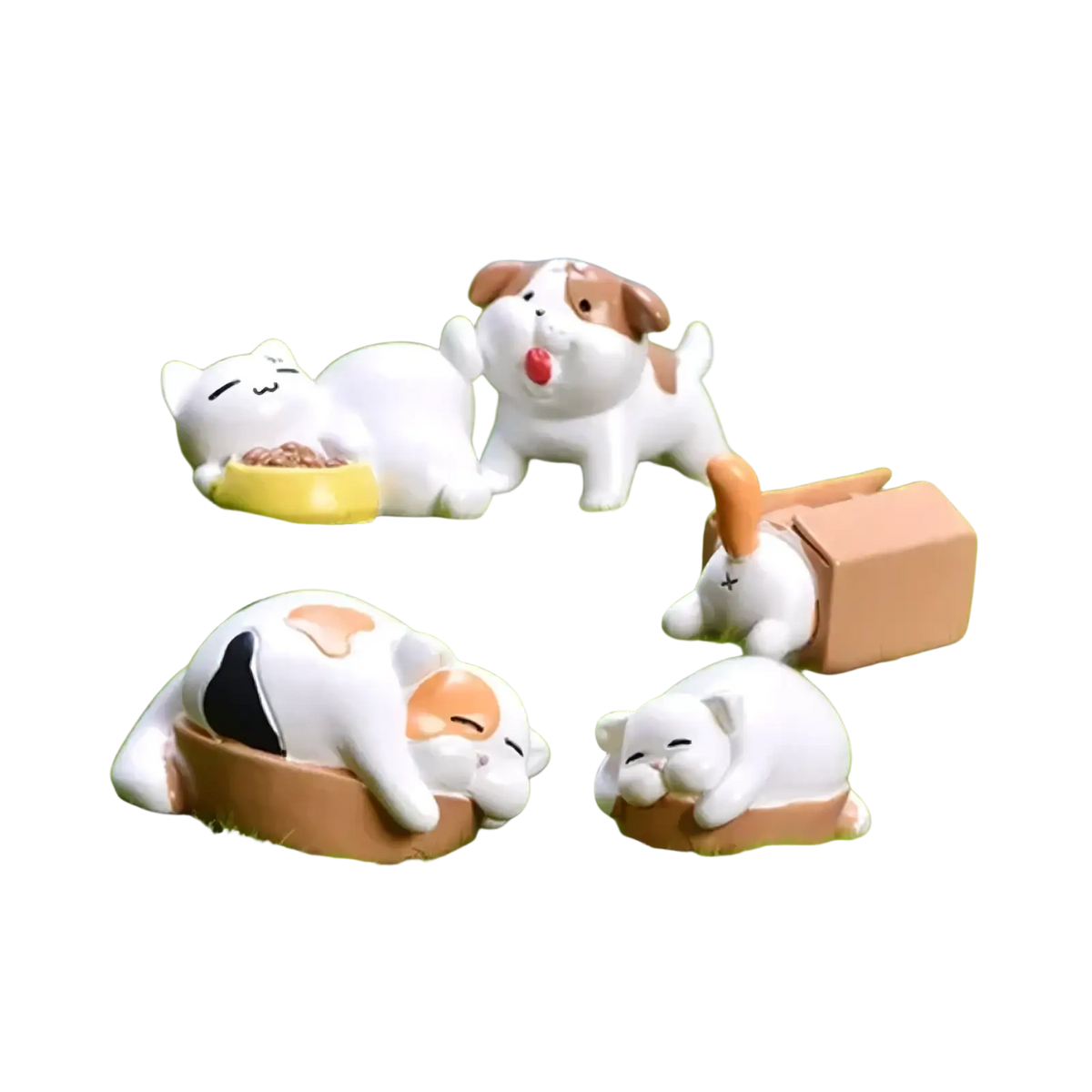 Miniature resin rabbit figurines featuring cute white and brown cats and dogs in playful and sleeping poses on grass