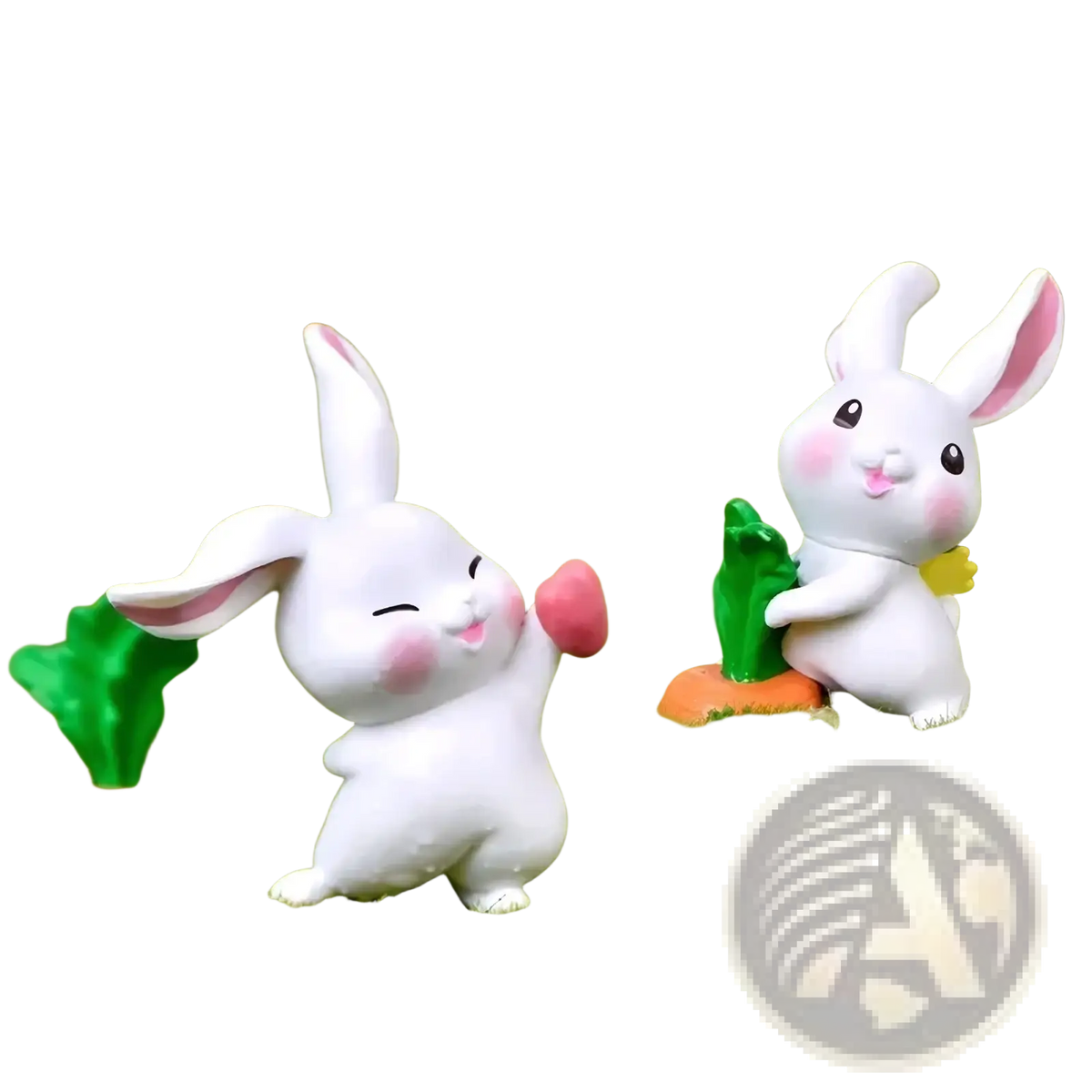 Miniature resin white rabbit figurines with pink ears and cheeks holding orange carrots for fairy garden decor
