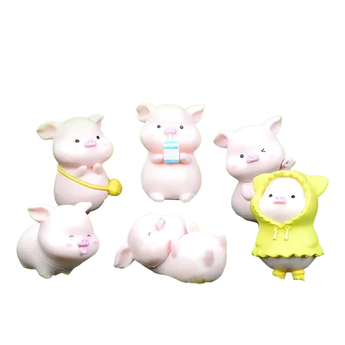 Cute white resin pig figurines with pastel accessories in playful poses for miniature fairy garden decor