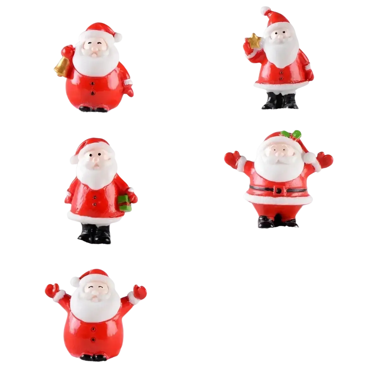 Miniature resin rabbit figurines featuring red and white plastic santa claus poses with black boots for fairy garden decor