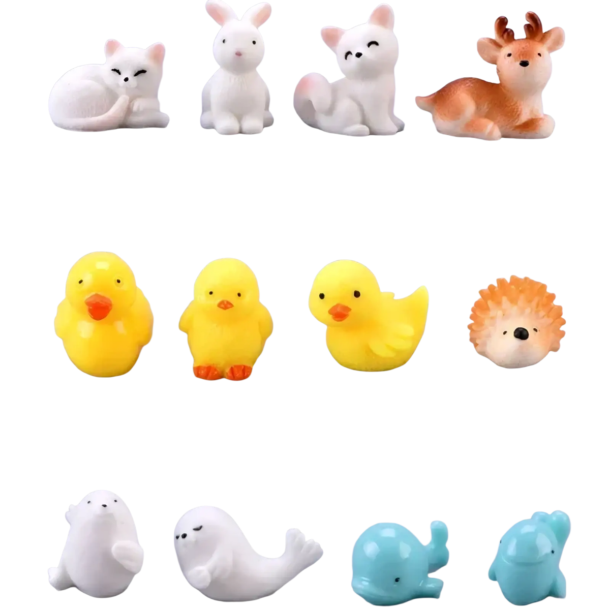 Set of miniature resin animal figurines in white cats and rabbits, brown deer, yellow ducks, orange hedgehog, and blue whales for fairy garden decor