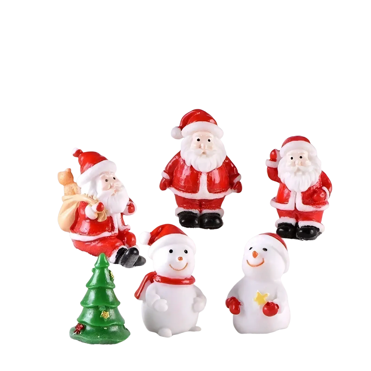 Set of miniature resin Christmas figurines featuring red and white santa clauses, snowmen, and a green tree for fairy garden decor