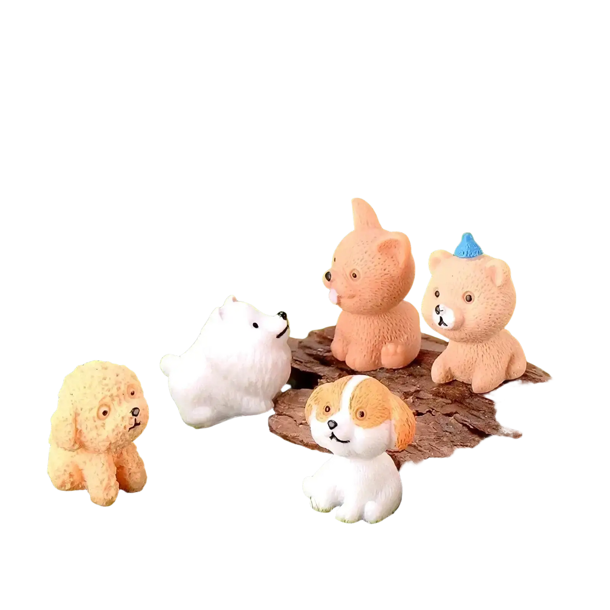 Set of five pastel miniature resin rabbit figurines including one with blue hat for fairy garden decor and garden decor