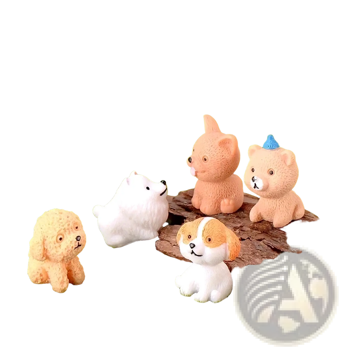 Set of five pastel miniature resin dog figurines including one with a blue hat for fairy garden decor