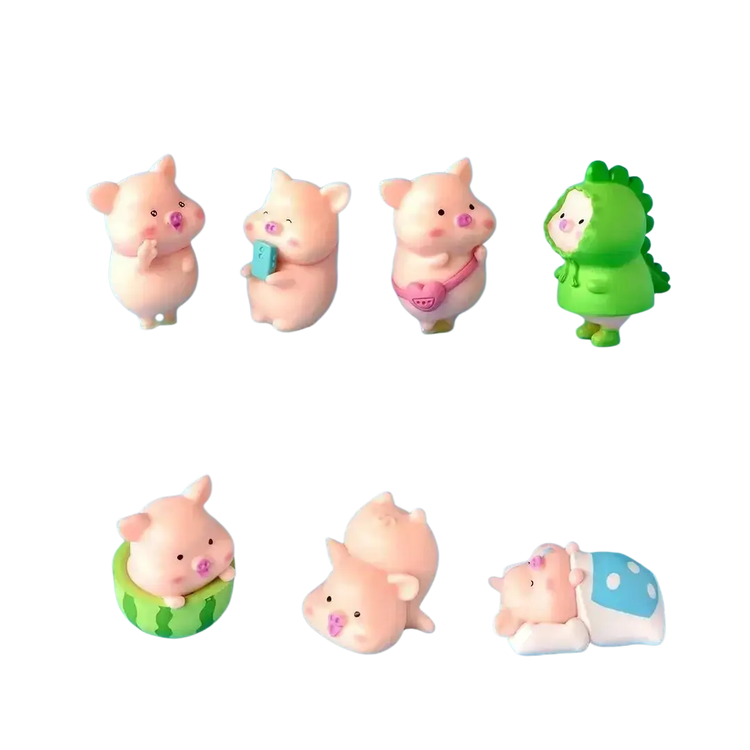 Set of six miniature resin pink pig figurines for fairy garden decor including one in green dinosaur costume and watermelon slice