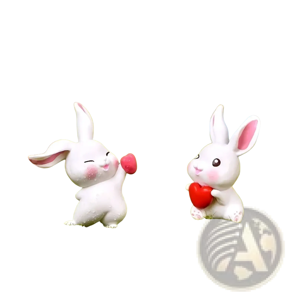 Two white ceramic miniature resin rabbit figurines with pink ears and cheeks holding a red heart and berry for fairy garden decor