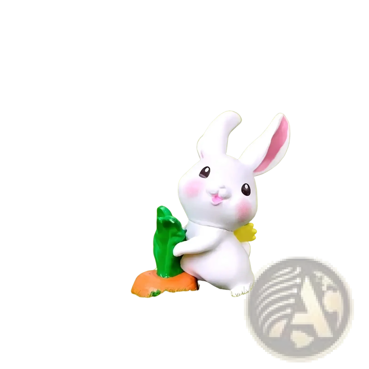 A white ceramic miniature resin rabbit figurine with pink ears and cheeks holding a green leafy carrot for fairy garden decor