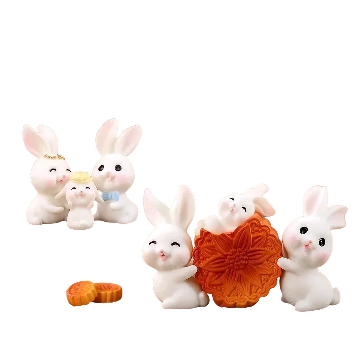 White ceramic miniature resin rabbit figurines with black eyes pink noses some wearing hats holding orange mooncake for fairy garden decor