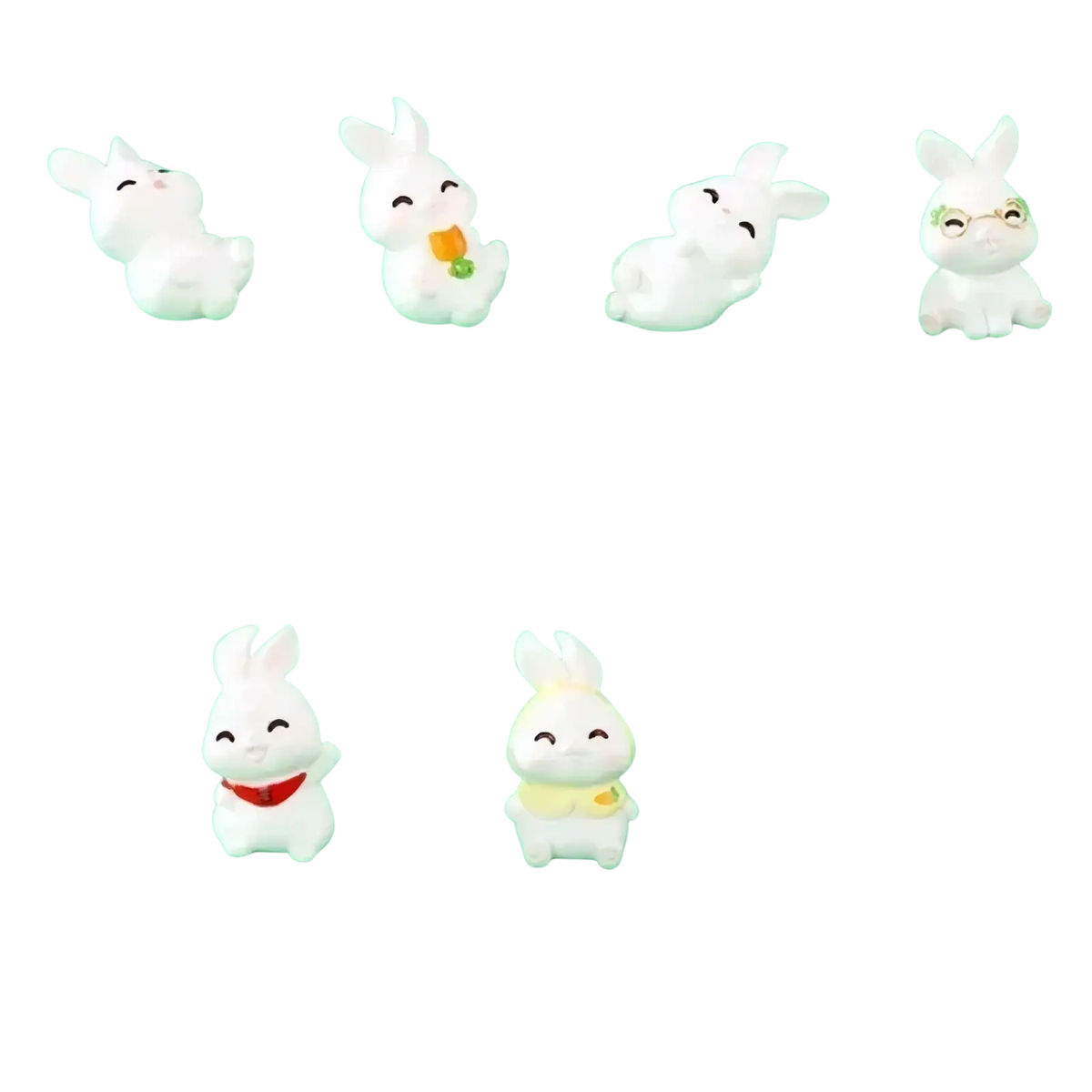 White plastic miniature resin rabbit figurines with varied poses and accessories for fairy garden decor
