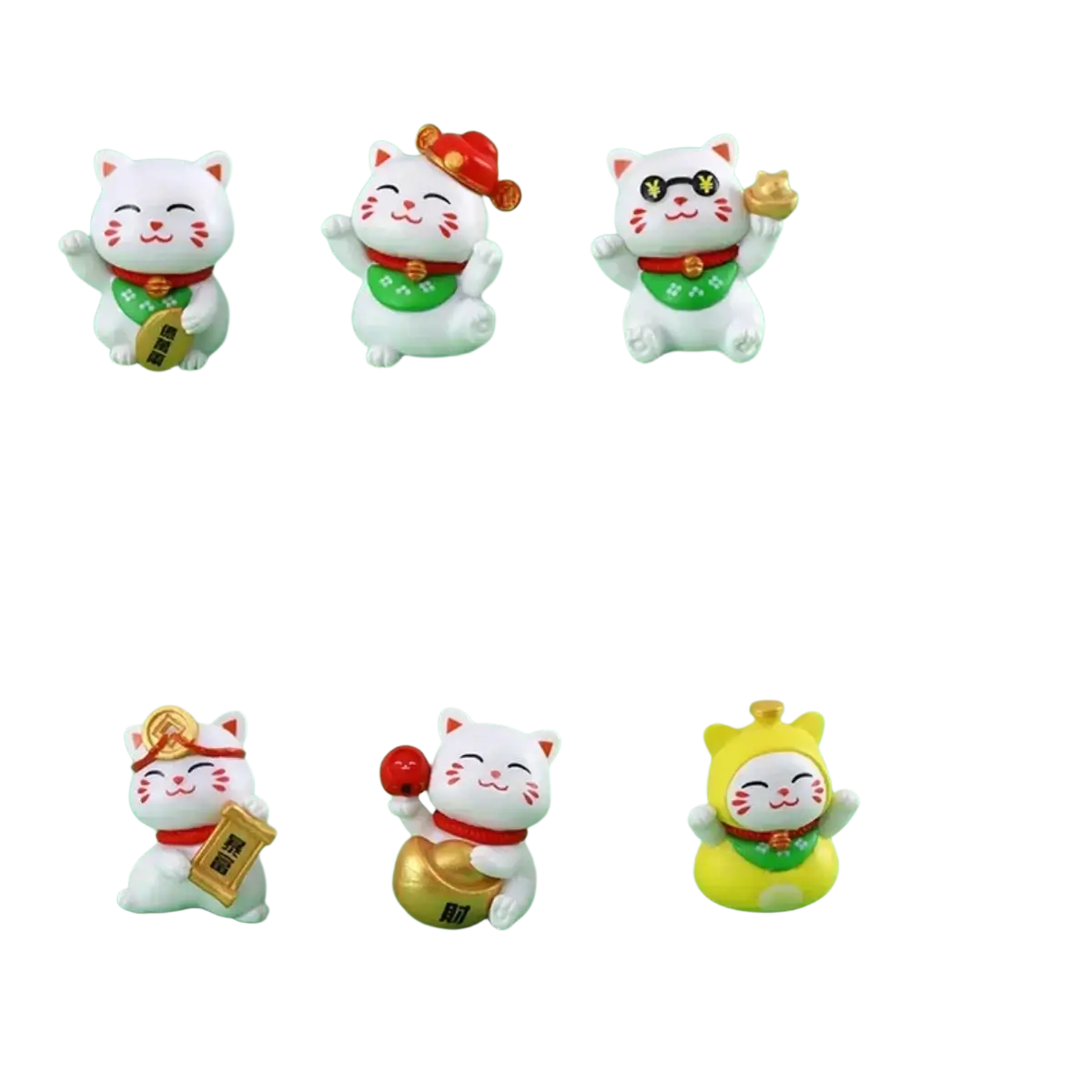 White plastic resin lucky cat figurines with green scarves and red collars holding gold coins for fairy garden decor