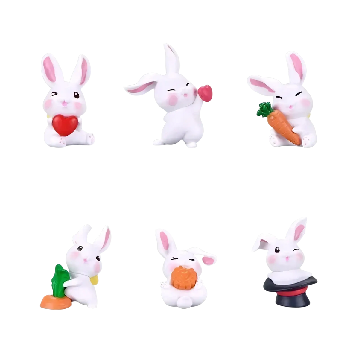 Miniature resin white bunny figurines with pink ears and embroidered faces holding carrots and hearts for fairy garden decor