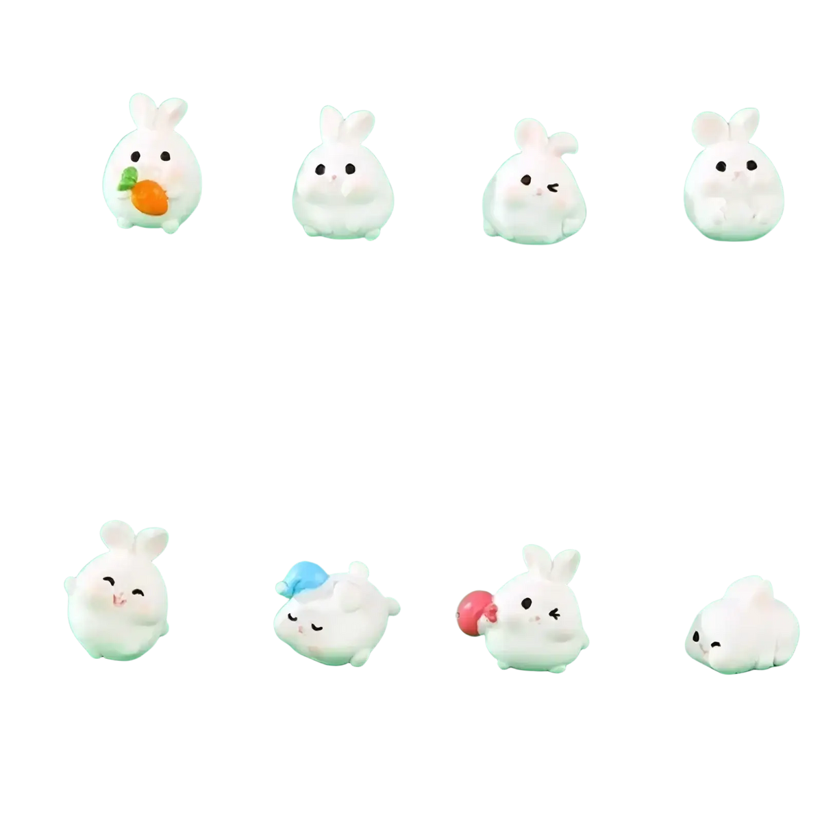 White plastic miniature resin rabbit figurines with cute minimalist designs in varied poses for fairy garden decor