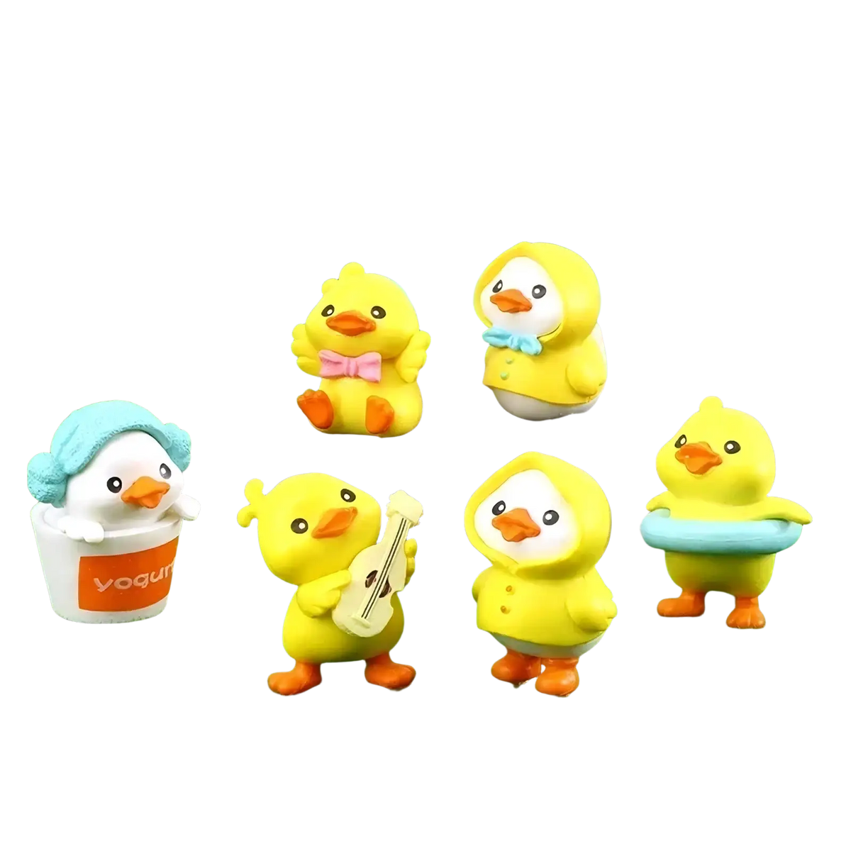 Miniature resin yellow duck figurines with orange feet and beaks some wearing raincoats or holding accessories for fairy garden decor
