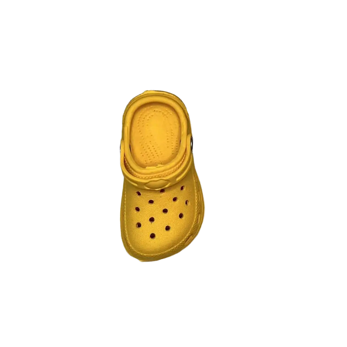 A bright yellow miniature crocs clog charm with classic perforated design and molded rubber sole for totes