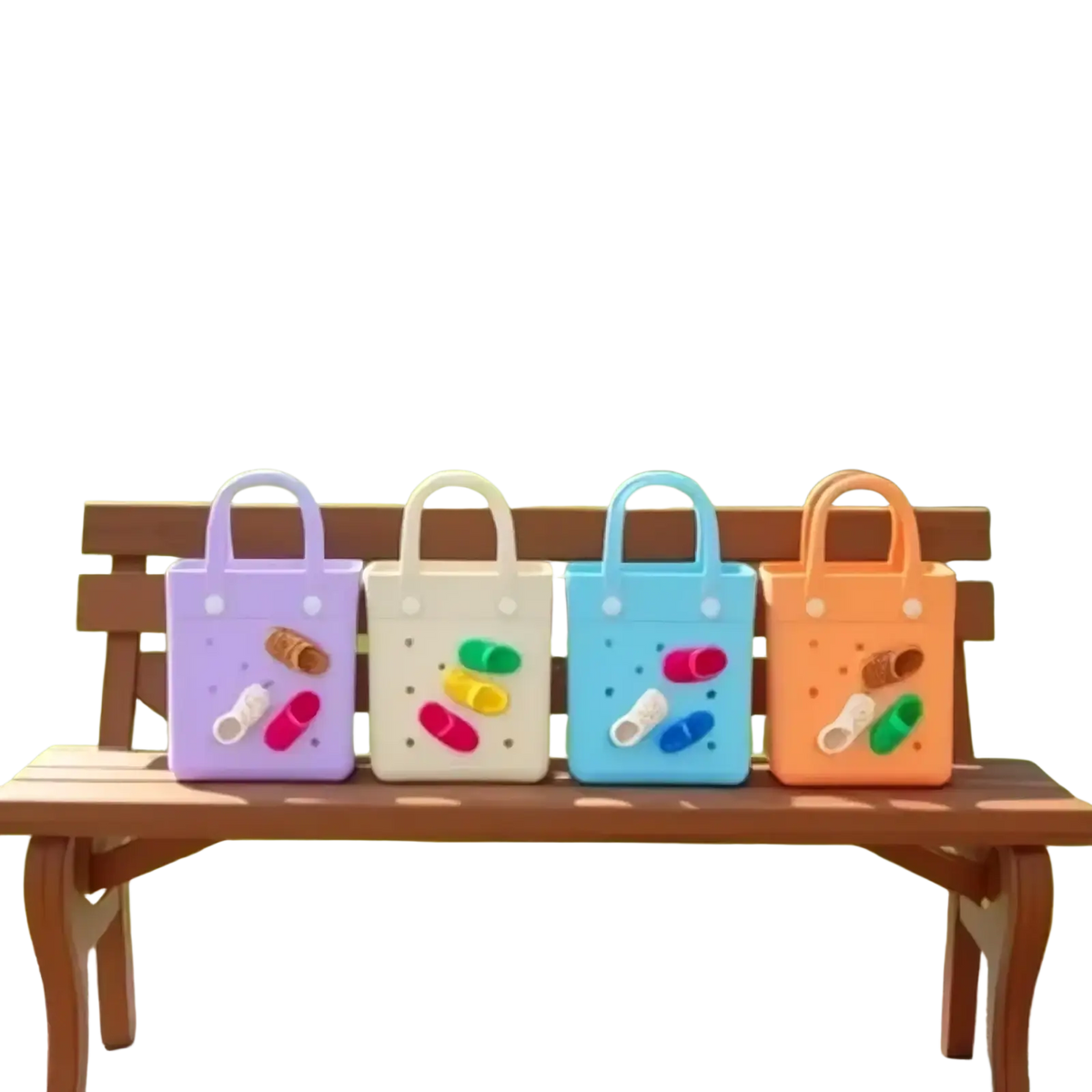 Four colorful plastic miniature shoe beach bag charms for totes in purple cream light blue and orange with matching handles