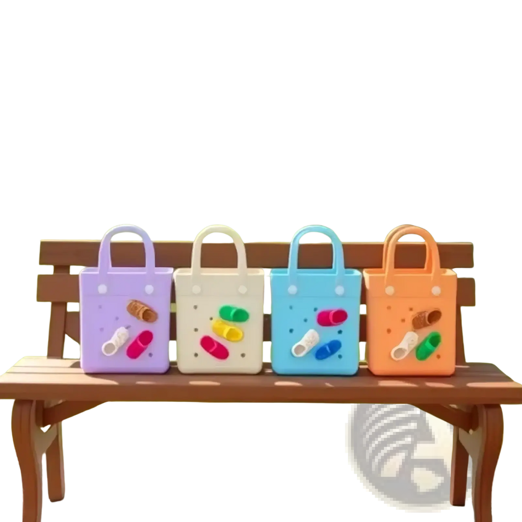 Four colorful plastic miniature shoe beach bag charms for totes in purple cream light blue and orange with matching handles