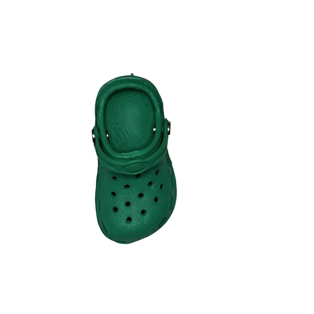 Miniature green crocs shoe beach bag charm made of molded rubber with perforations and a simple strap design