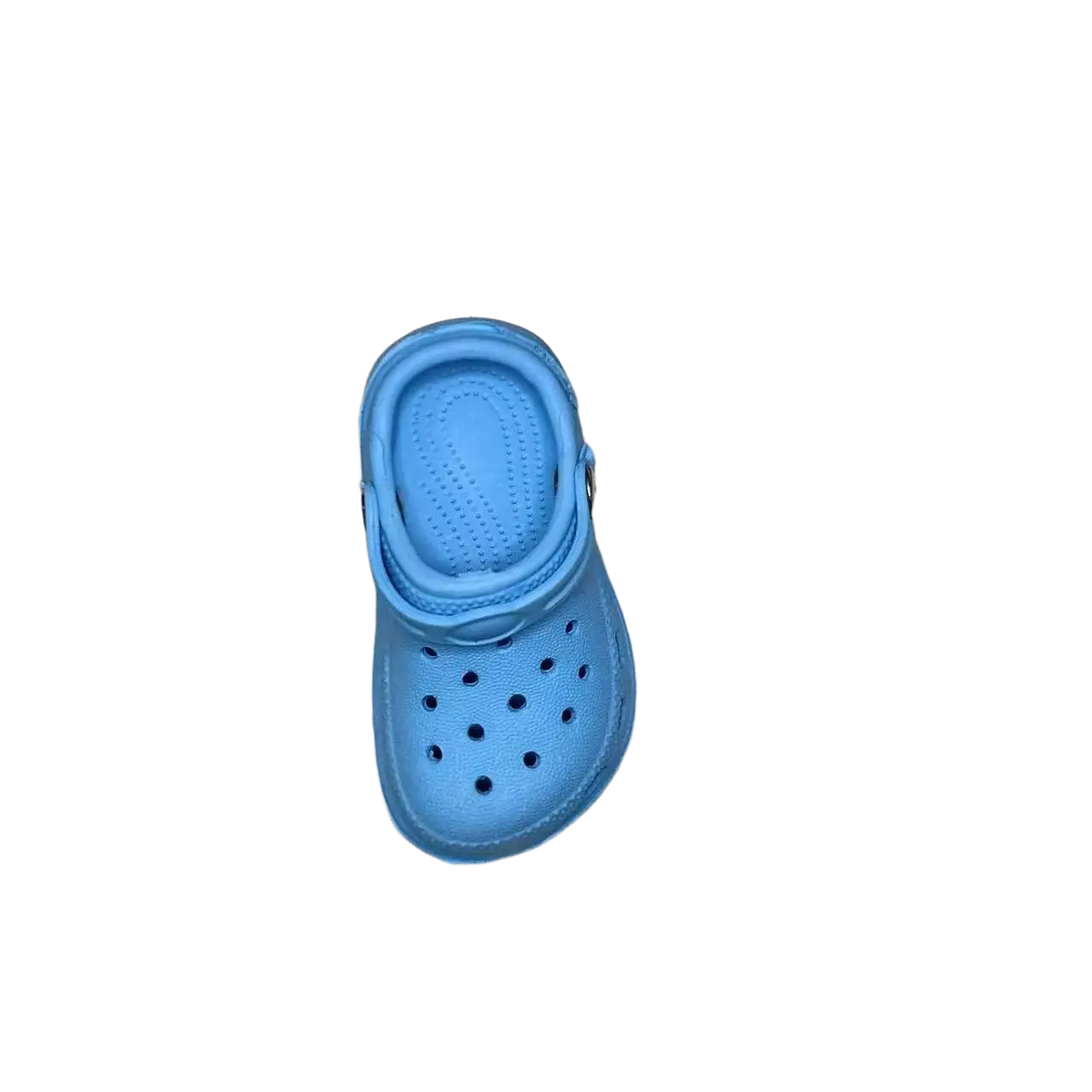 A light blue miniature shoe beach bag charm resembling a perforated crocs clog with an adjustable strap