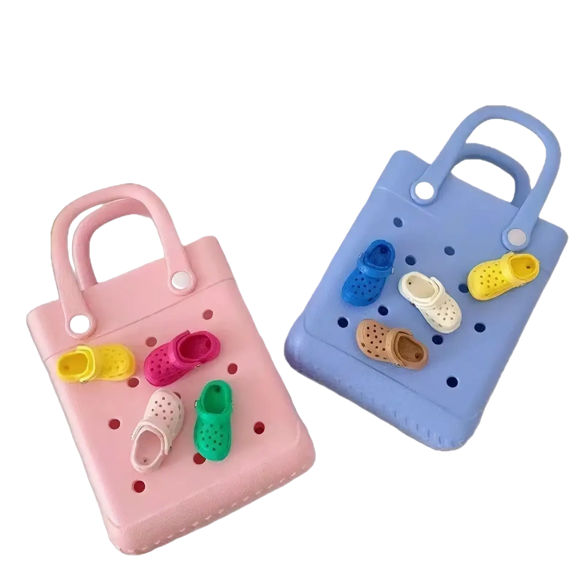 Miniature shoe beach bag charms in pink and blue plastic with perforated handles holding colorful crocs-style shoes
