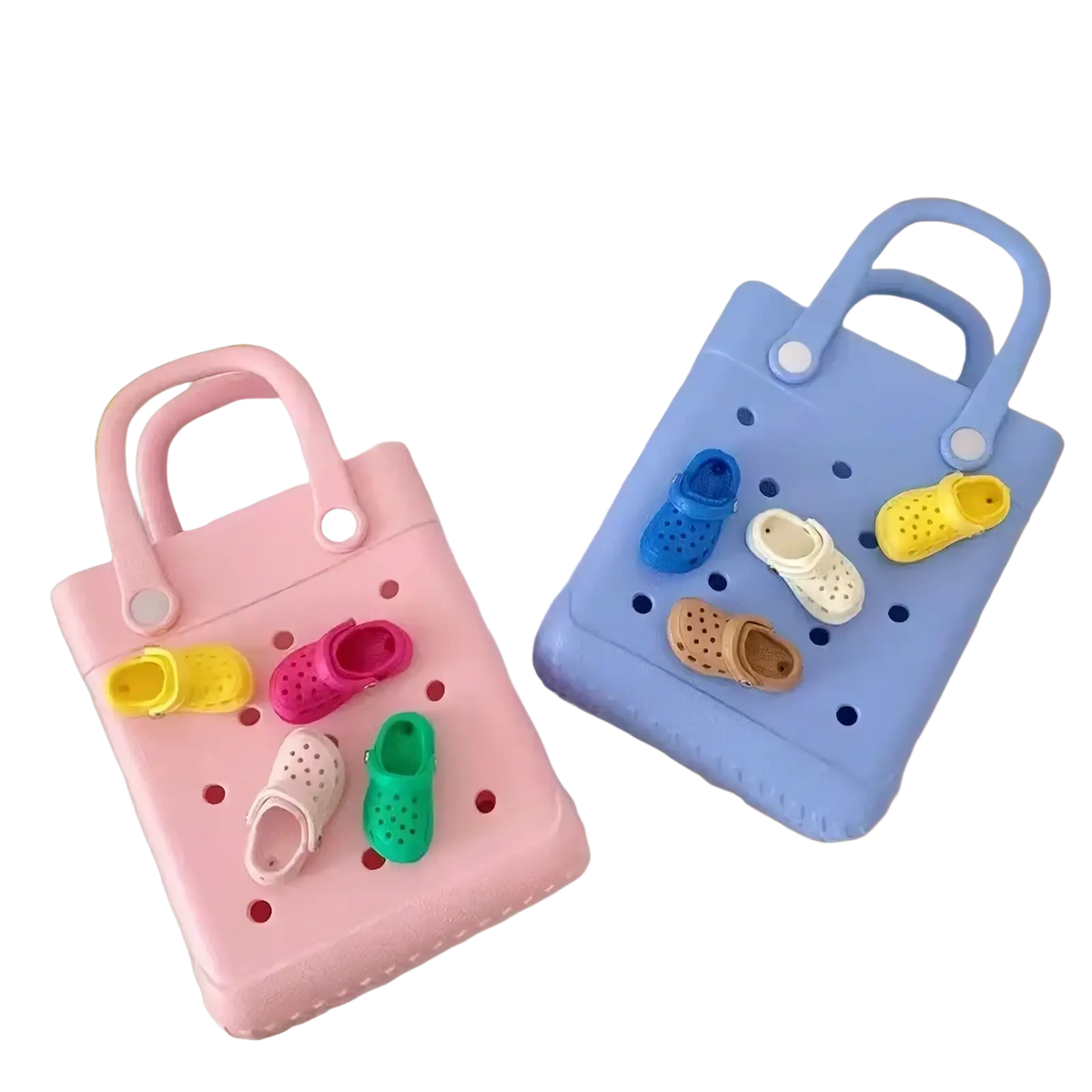 Pink and blue plastic handbag style containers with handles holding miniature crocs shoes in assorted colors for totes