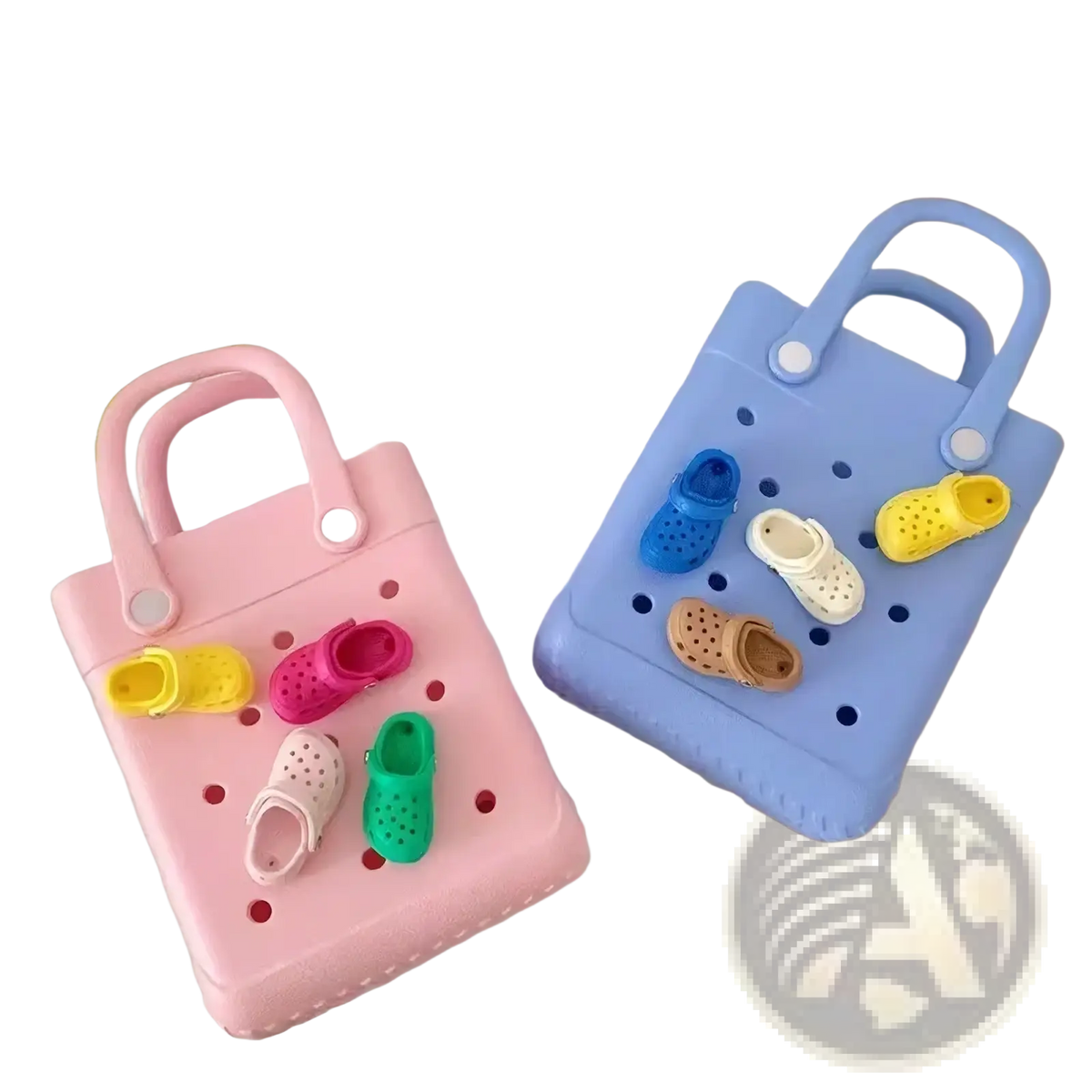 Pink and blue plastic handbag style containers with handles holding miniature crocs shoes in assorted colors for totes