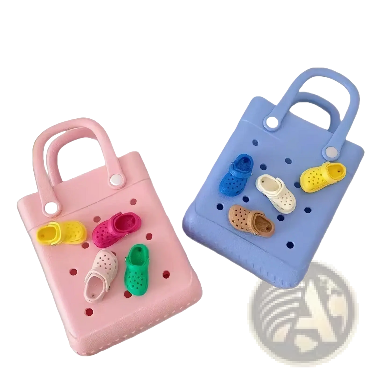Miniature shoe beach bag charms in pink and blue plastic with perforated handles holding colorful crocs-style shoes