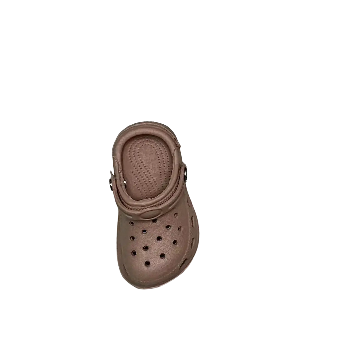 A taupe-colored miniature shoe beach bag charm shaped like a Crocs clog with perforated upper and adjustable strap