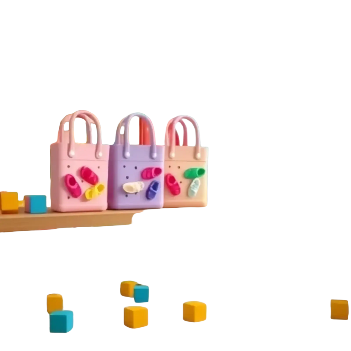 Three colorful pastel miniature shoe beach bag charms made of plastic with handle straps for totes