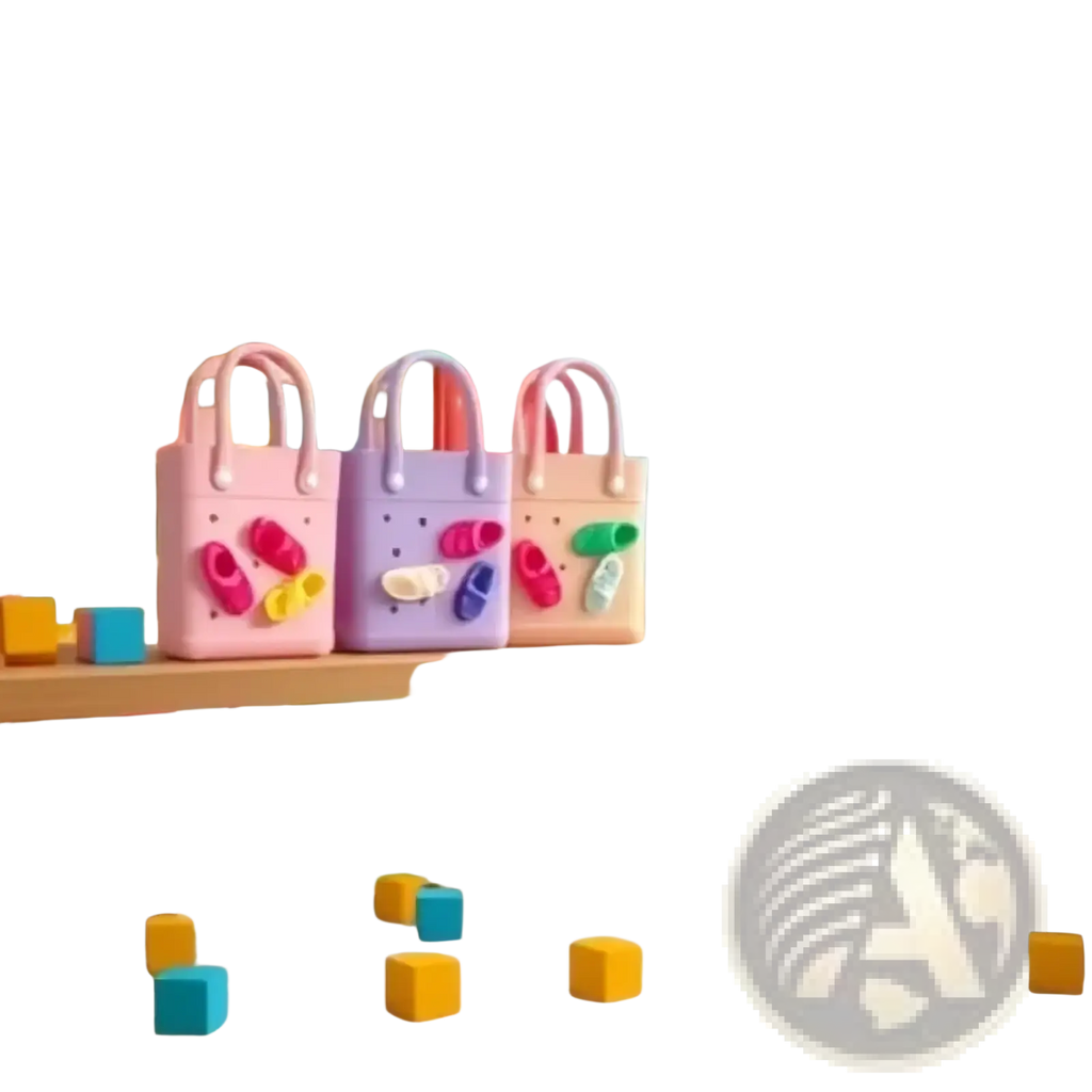Three colorful pastel miniature shoe beach bag charms made of plastic with handle straps for totes