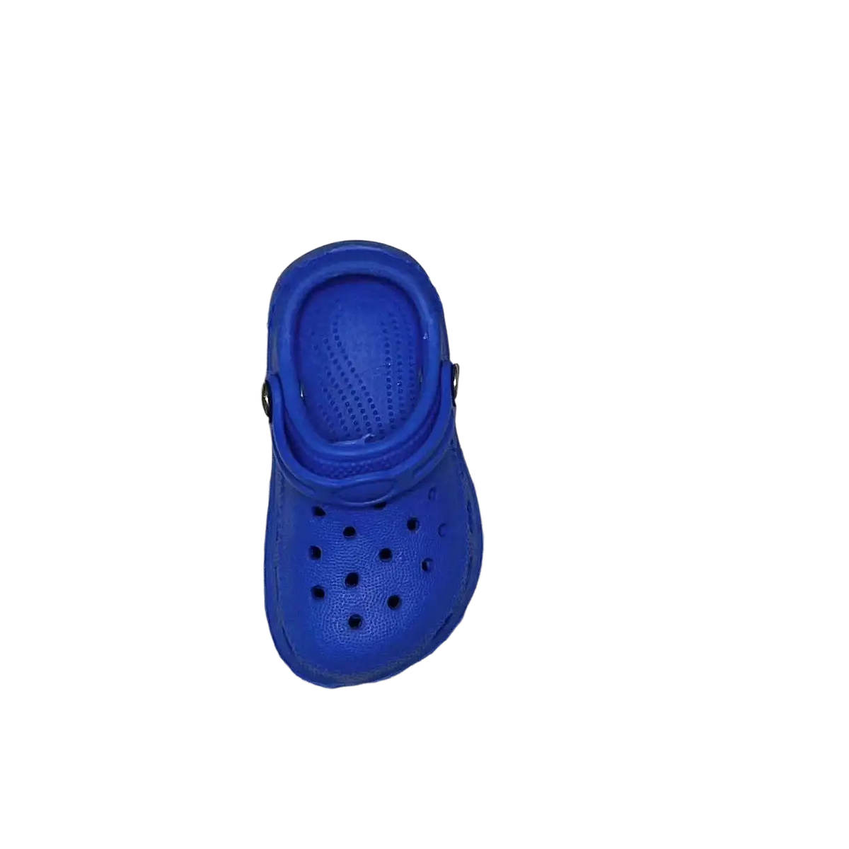 A vibrant blue crocs clog miniature shoe charm with classic perforated design and molded rubber sole for totes