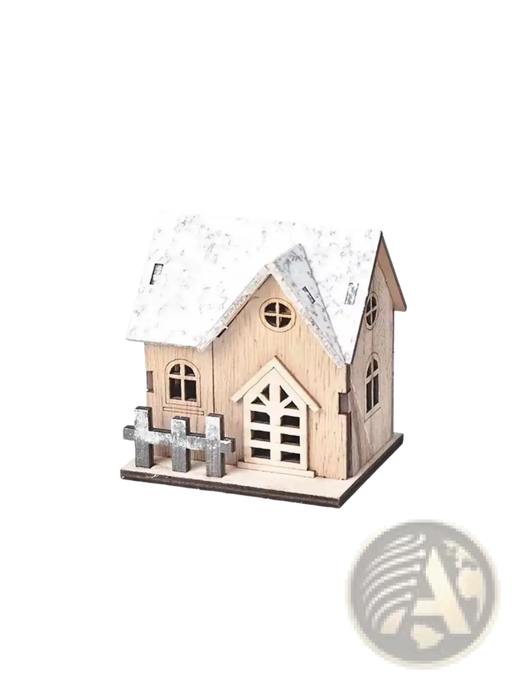 A rustic wooden miniature Christmas house with snow-dusted roof and gray picket fence base with lights