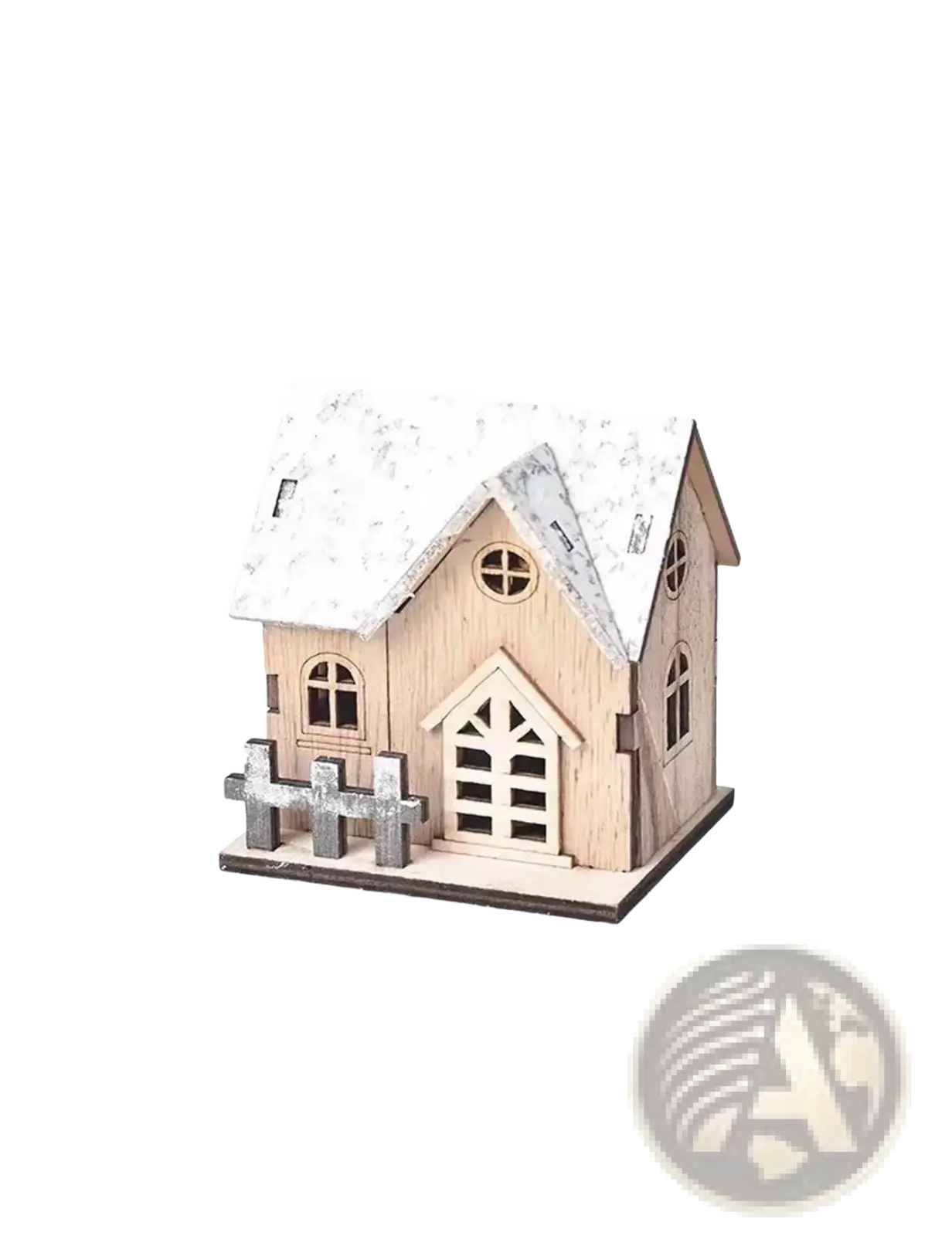A rustic wooden miniature Christmas house with snow-dusted roof and gray picket fence base with lights