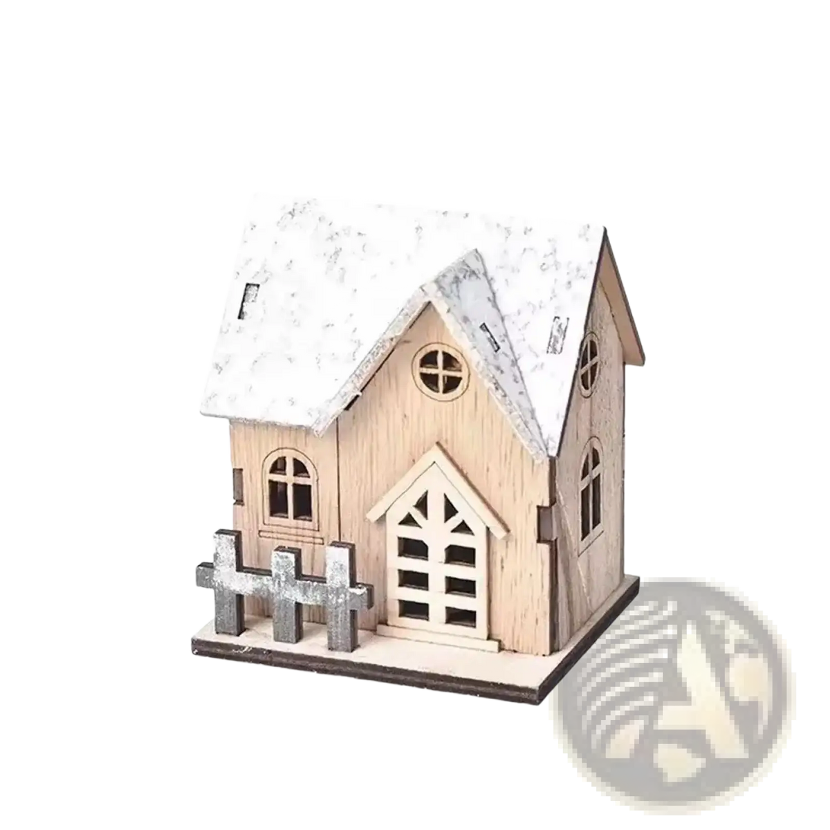 Miniature wooden Christmas house with lights featuring a snow-dusted roof and gray picket fence, made of light wood