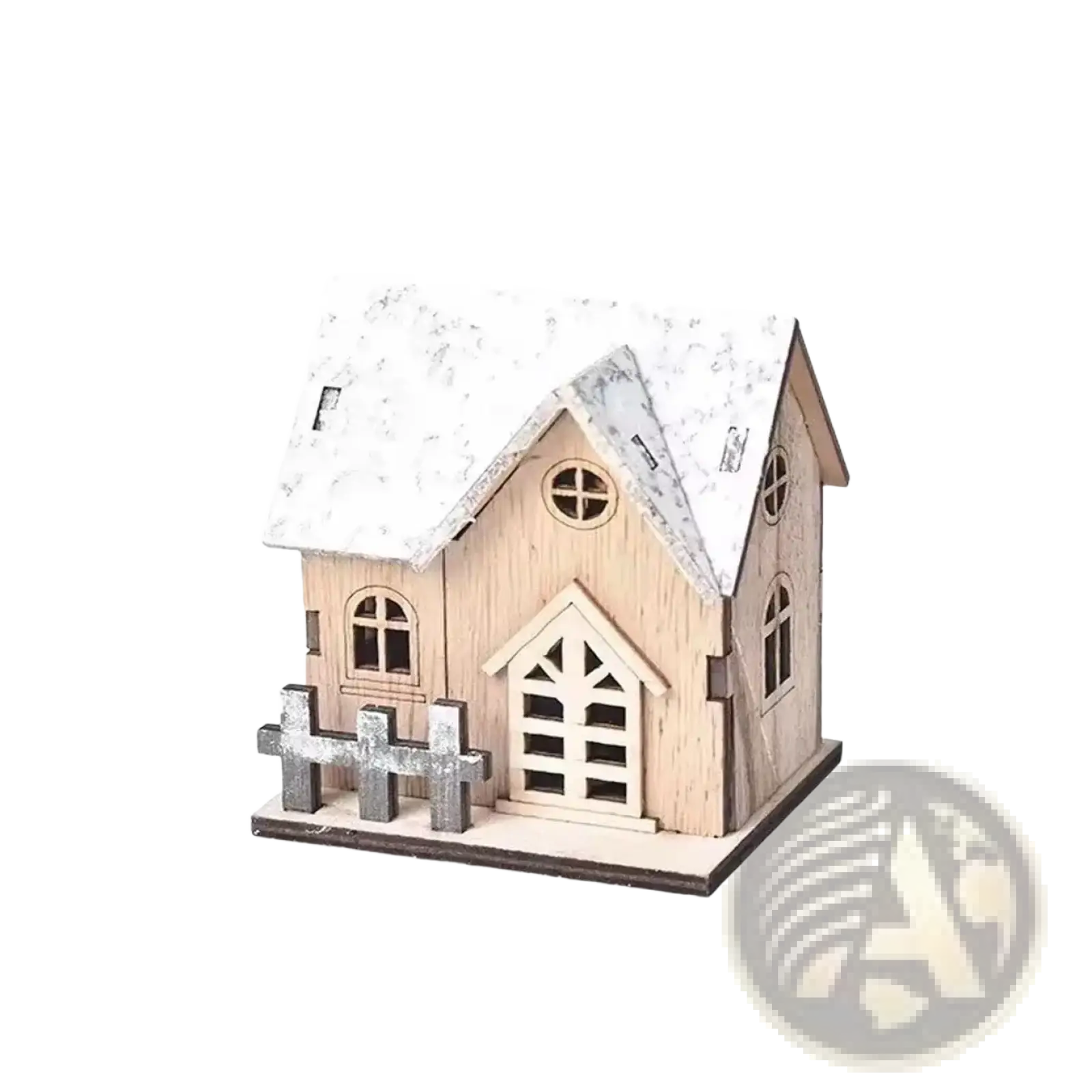 Miniature wooden Christmas house with lights featuring a snow-dusted roof and gray picket fence made of light wood
