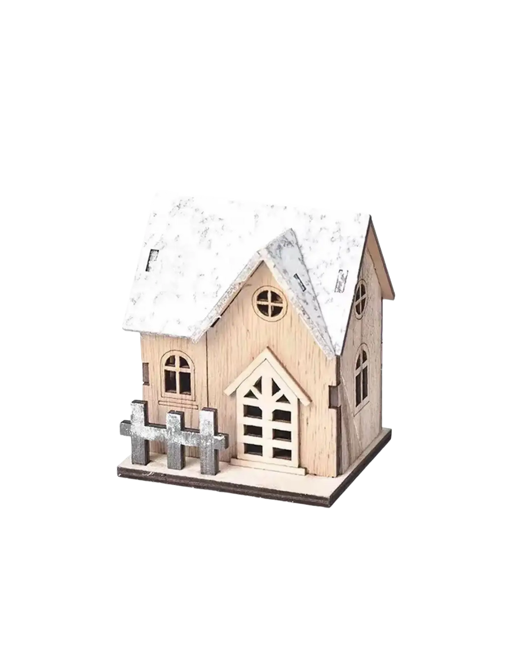 A rustic miniature wooden Christmas house with snow-dusted roof and gray picket fence made from light wood with lights