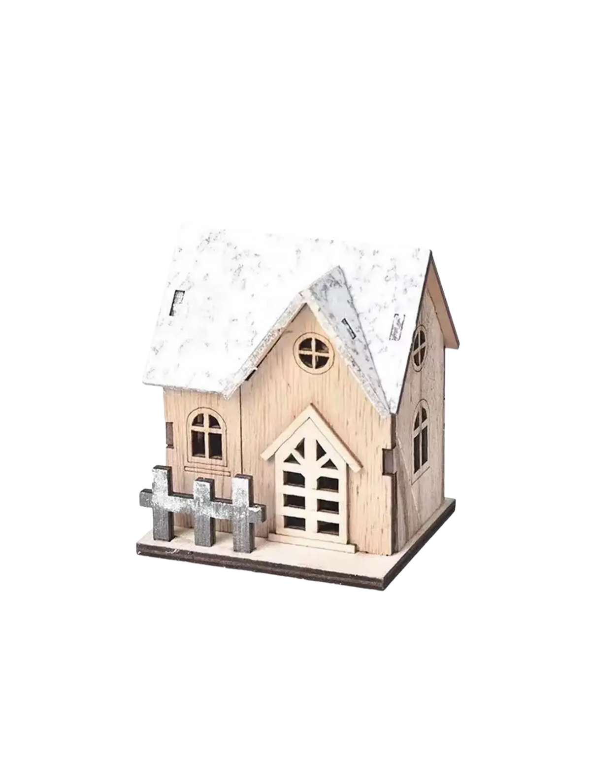 A rustic miniature wooden Christmas house with snow-dusted roof and gray picket fence made from light wood with lights