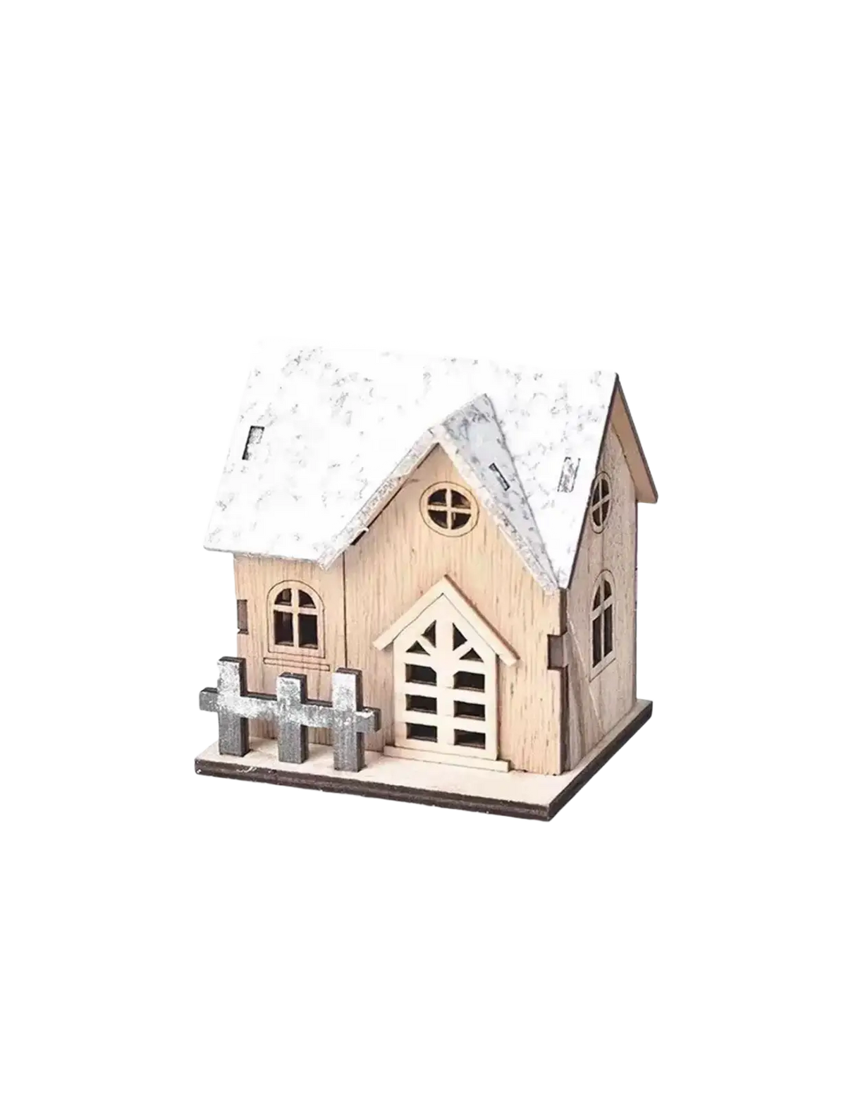 A rustic wooden miniature Christmas house with snow-dusted roof and gray picket fence base with lights