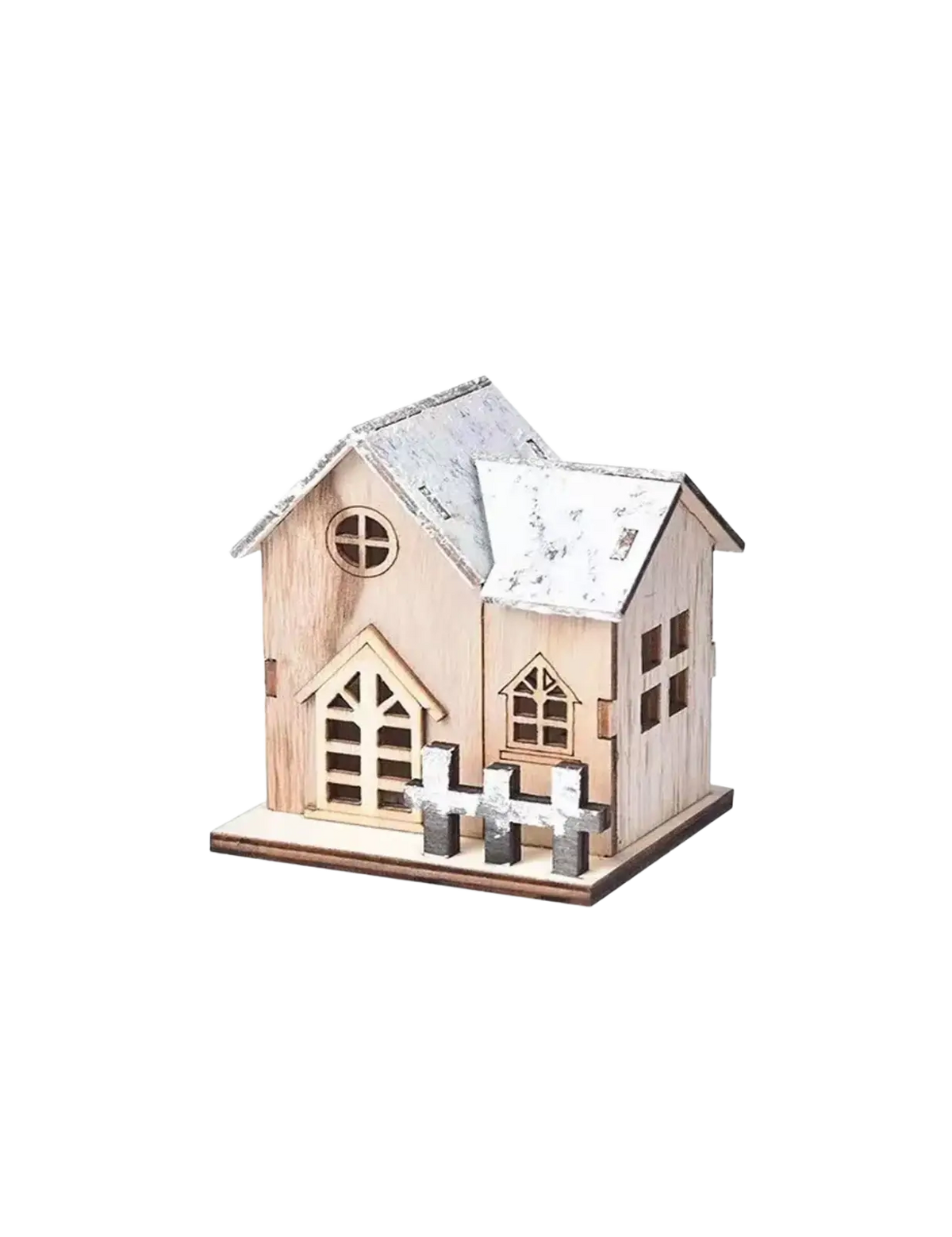 Miniature wooden Christmas house ornament with a weathered white roof, detailed windows, and a small front fence