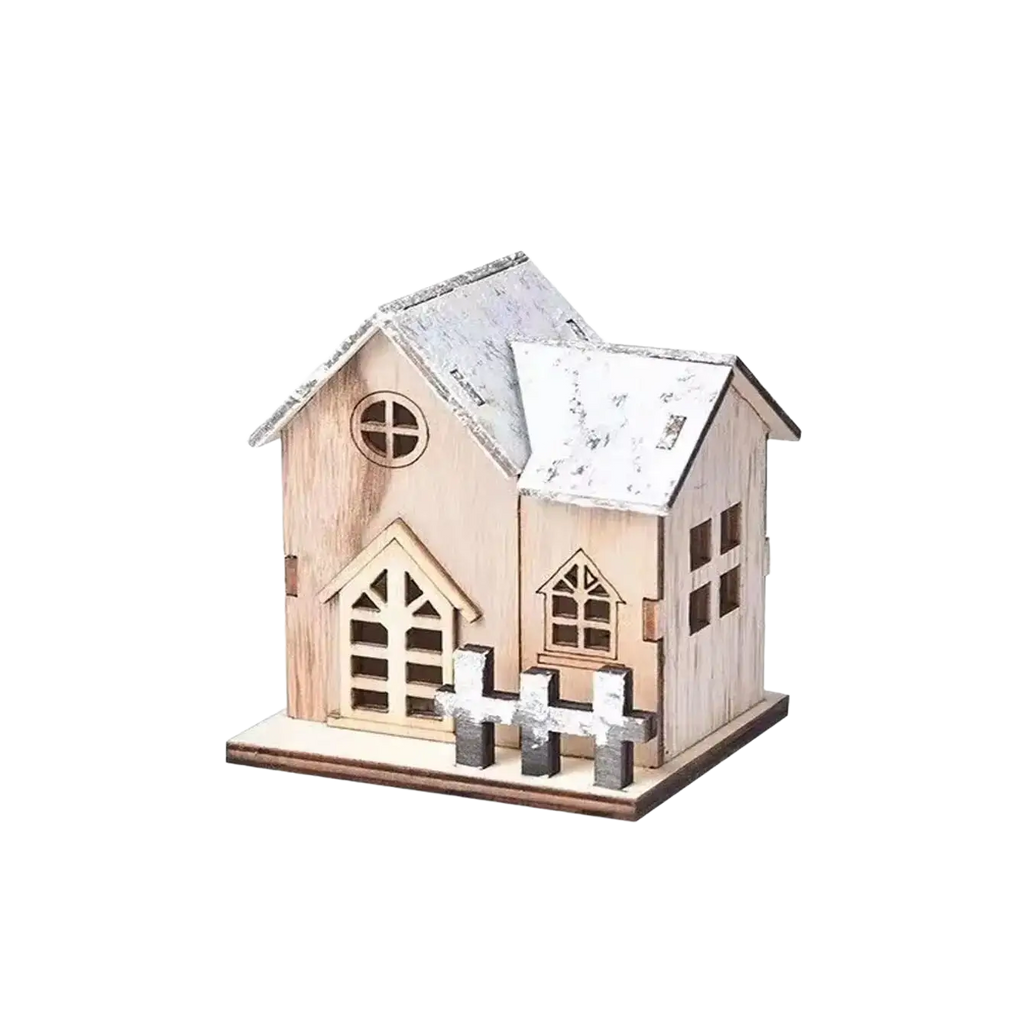 Miniature wooden Christmas house with lights featuring a rustic design, weathered white roof, and detailed cut-out windows