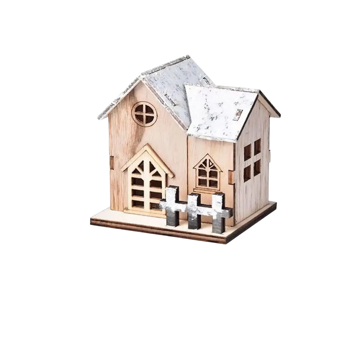 A miniature wooden Christmas house ornament with weathered white roof and fence crafted from light-colored wood