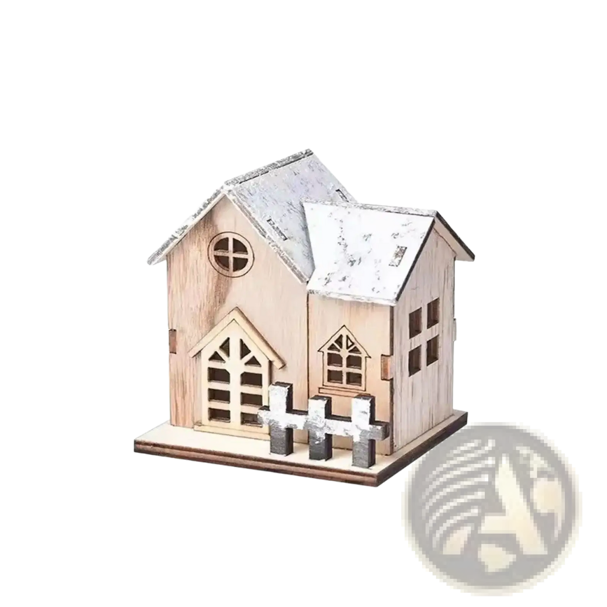Miniature wooden Christmas house with lights featuring a rustic design, weathered white roof, and detailed cut-out windows