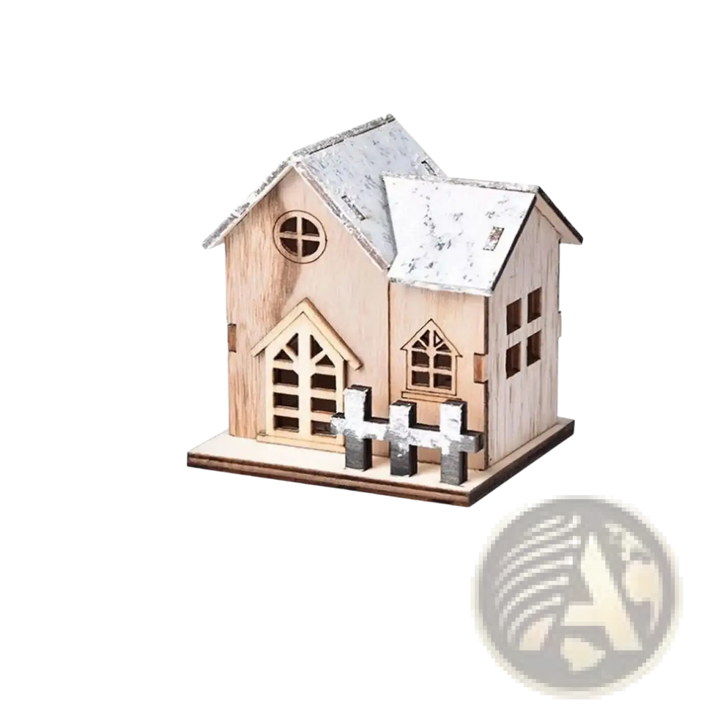 A miniature wooden Christmas house ornament with weathered white roof and fence crafted from light-colored wood