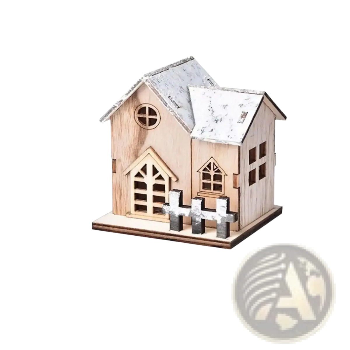 A miniature wooden Christmas house ornament with weathered white roof and fence crafted from light-colored wood