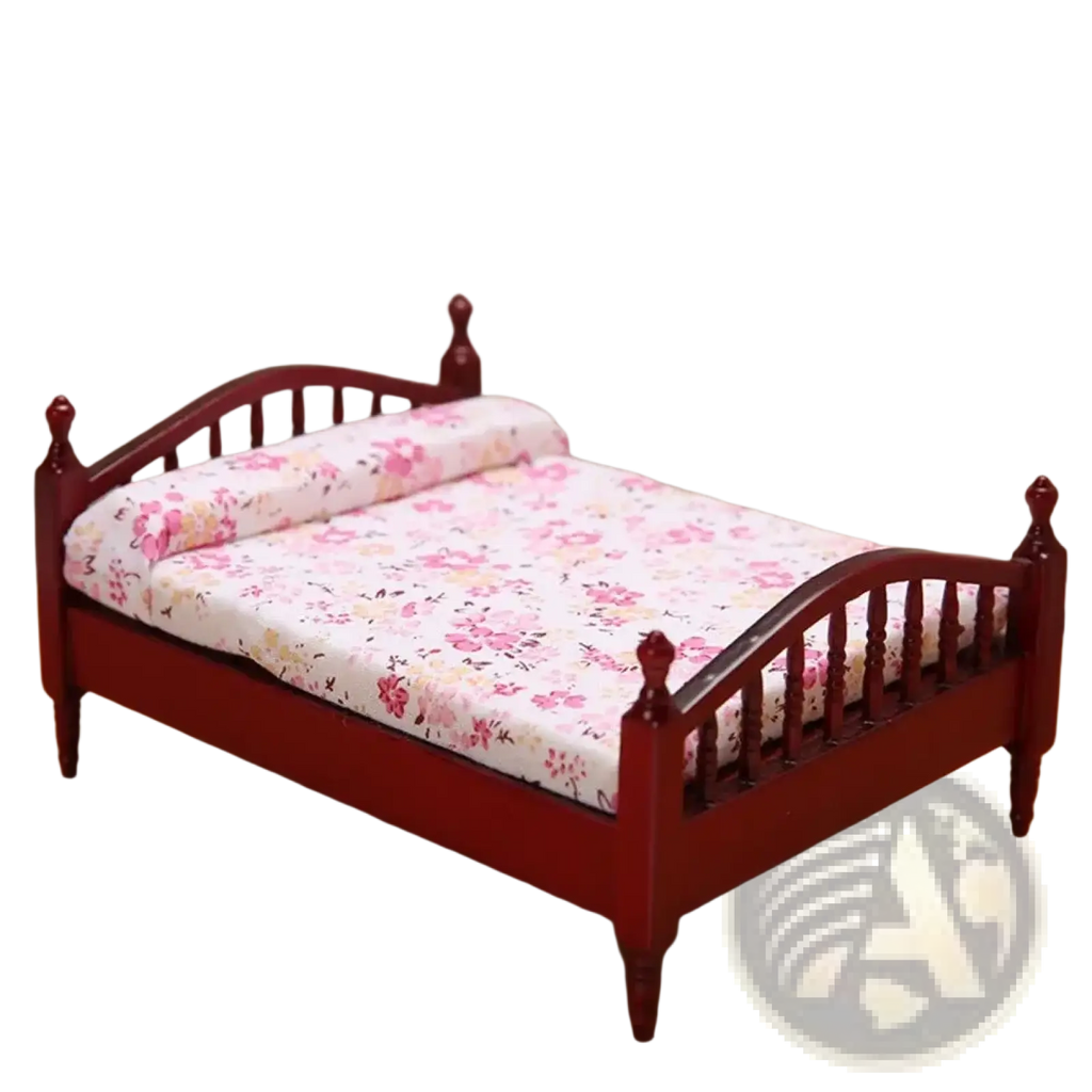 Miniature red wooden dollhouse bed with floral-patterned bedding for detailed dollhouse decor