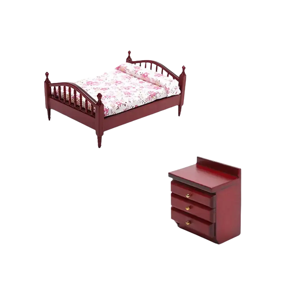Red wooden miniature dollhouse bed with floral-patterned bedding and matching nightstand in classic design