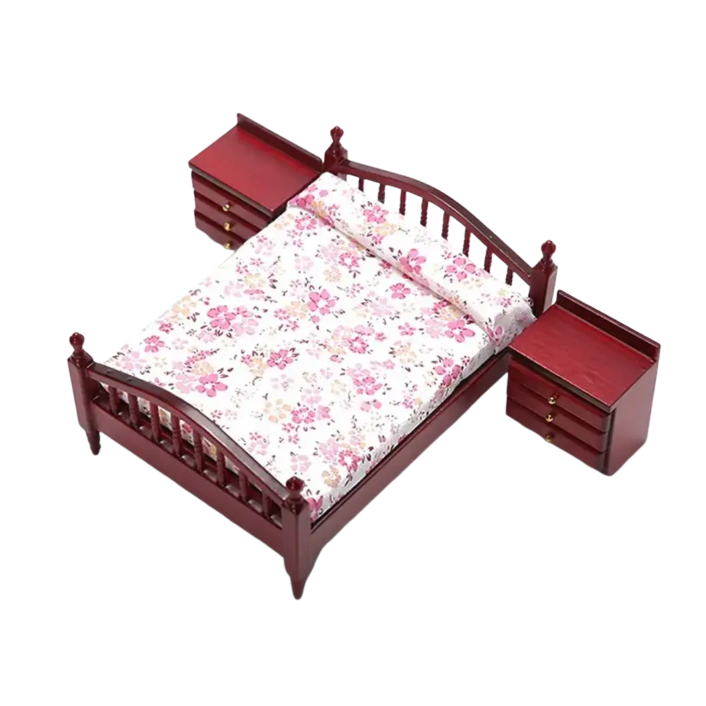 Red wooden miniature dollhouse bed with floral-patterned bedding for decorative dollhouse use